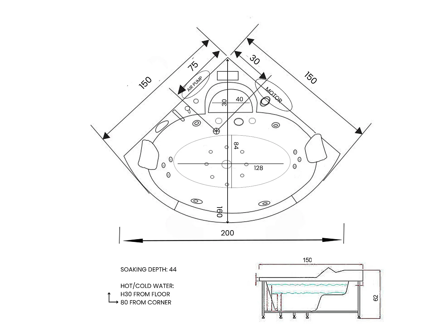 Baignoire Balnèo Chromothérapie 150 X 150 cm pompe double 20 jets – Magnolia