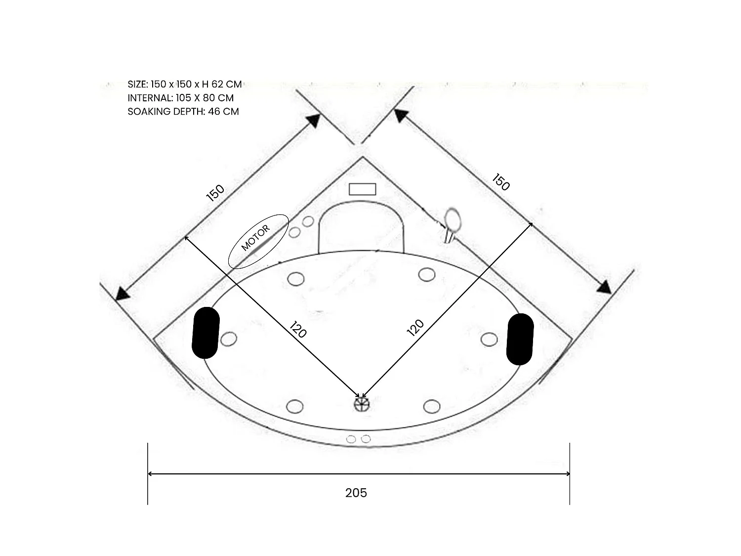 Baignoire Balnèo blanc 150 X 150 cm pour 2 personnes 6 jets – Anemone