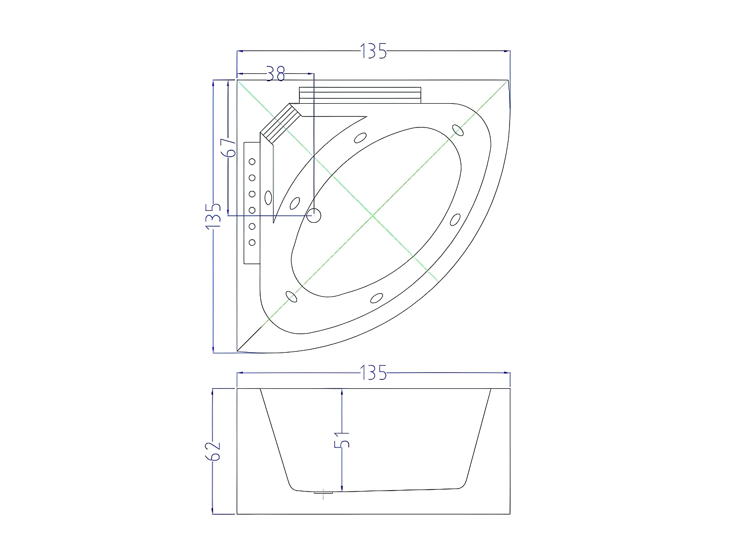 Whirlpoolbadewanne 135 x 135 cm weiß 6 Düsen - Sage