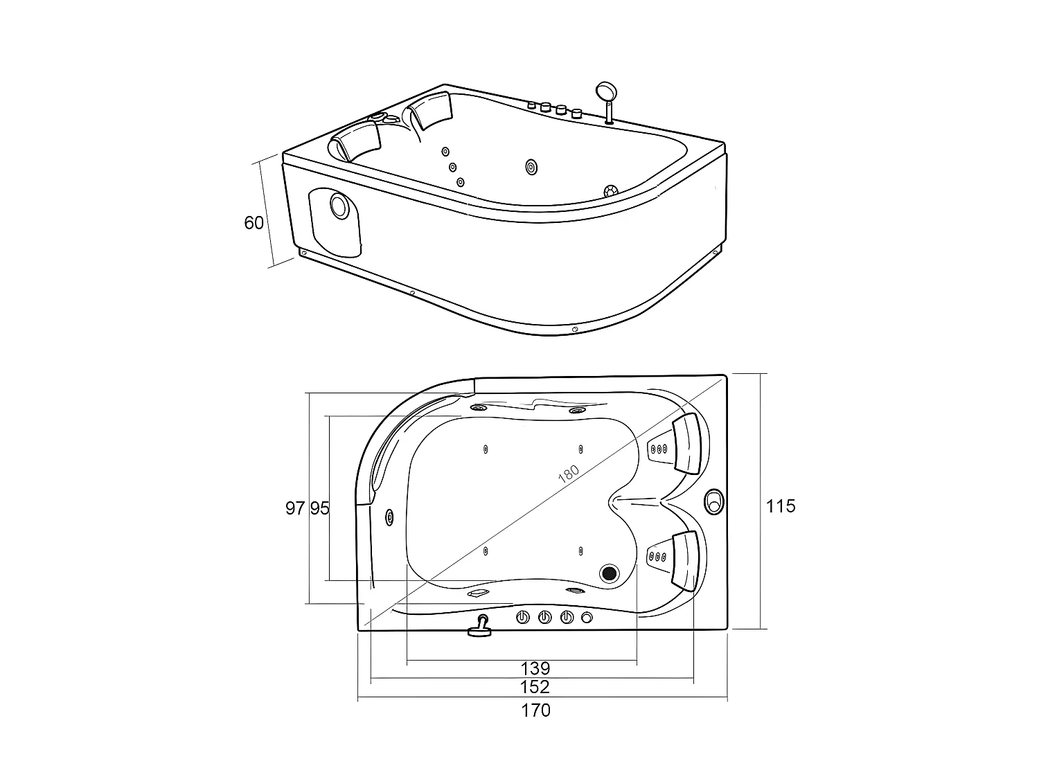 Baignoire Balnèo Noir 170 X 115 cm 15 jets pour deux personnes – Black Tulip