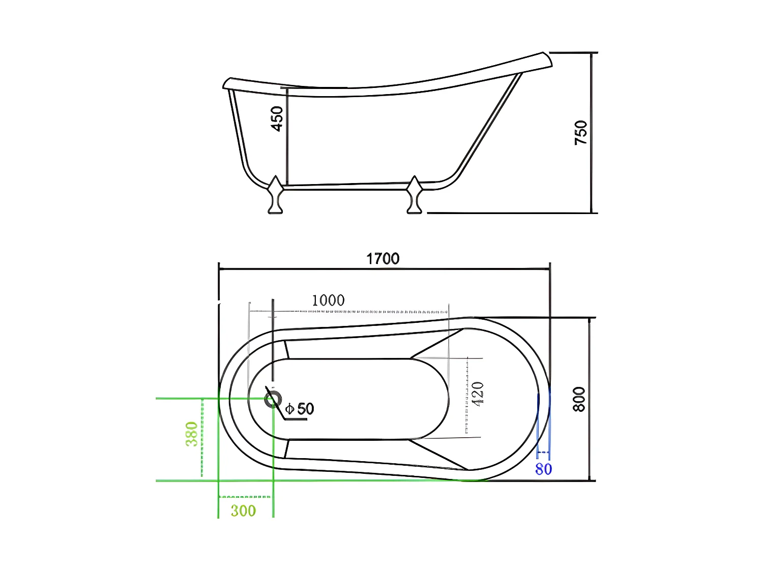 Baignoire ilôt retrò 170 x 80 cm avec pieds argent + Mitigeur – Marigold
