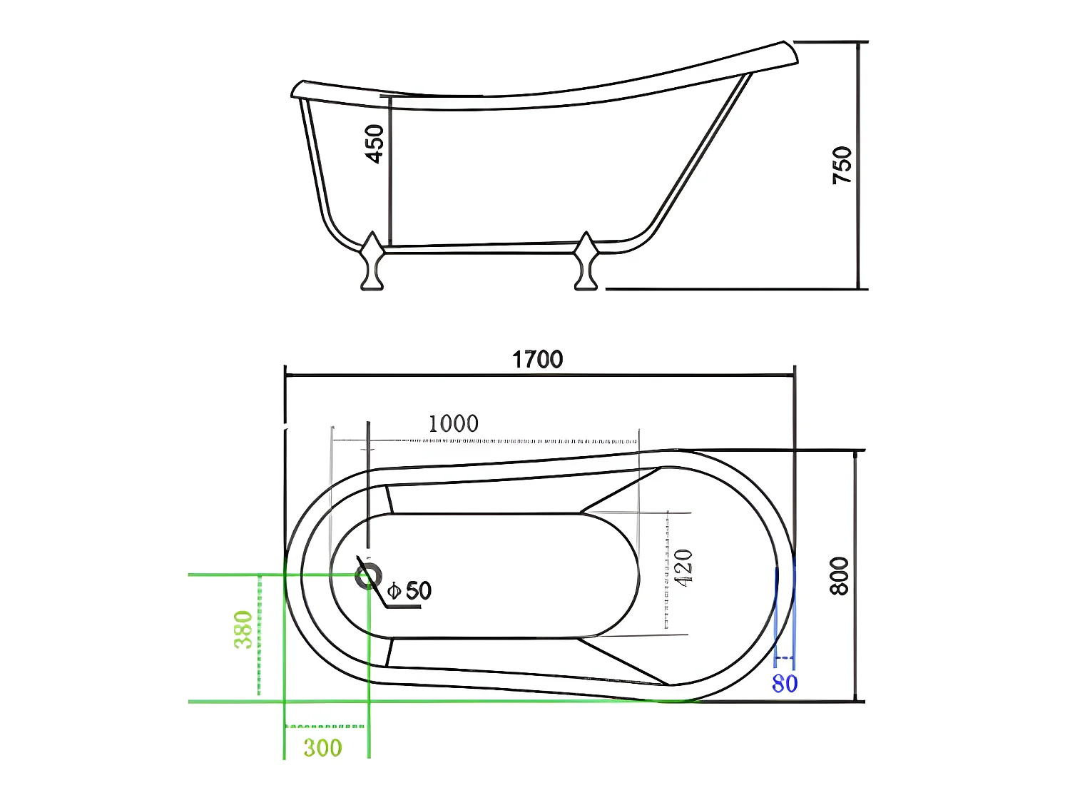 Banheira de ilha vintage 170 x 80 cm com pés prateados - Marigold