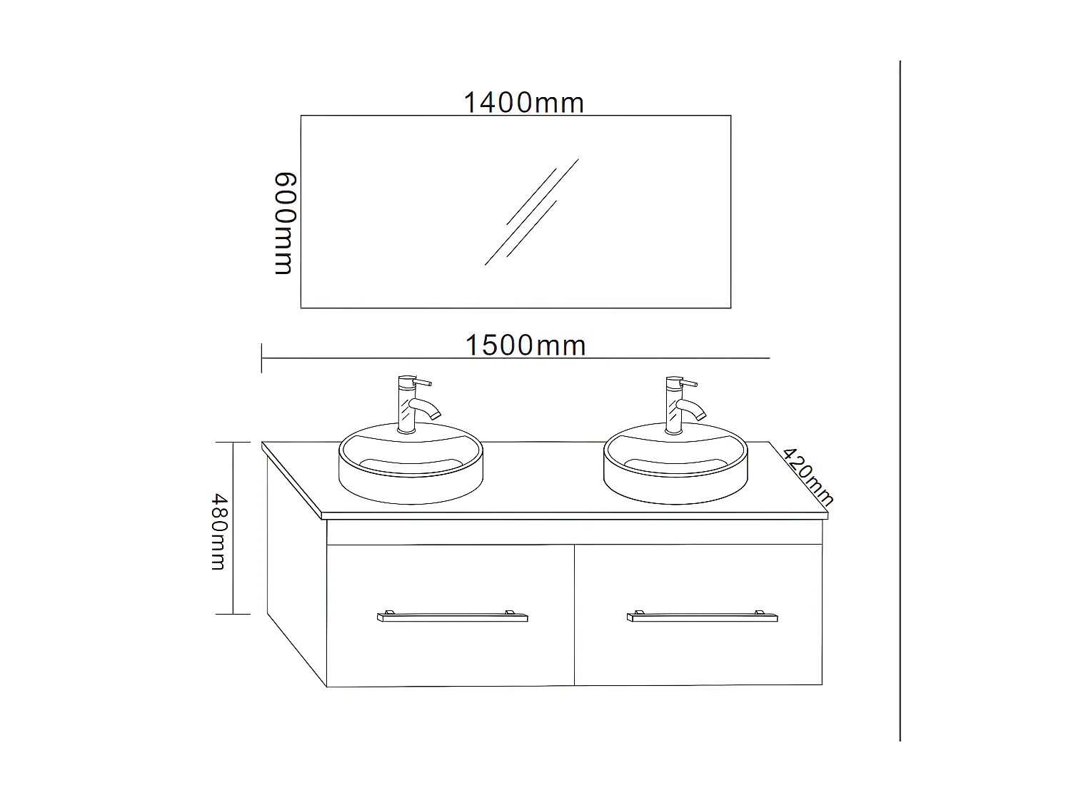 Badezimmer-Set 150 cm Weiß Waschbecken inklusive - Cecily