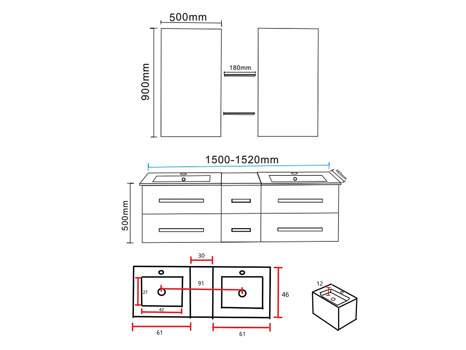 Black Bathroom Vanity Unit 150 cm with Basin Included – Isabel