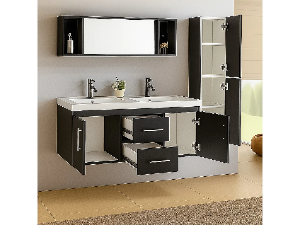 Meuble de Salle de Bain noir 120 cm Colonne et Lavabo inclus – Estelle