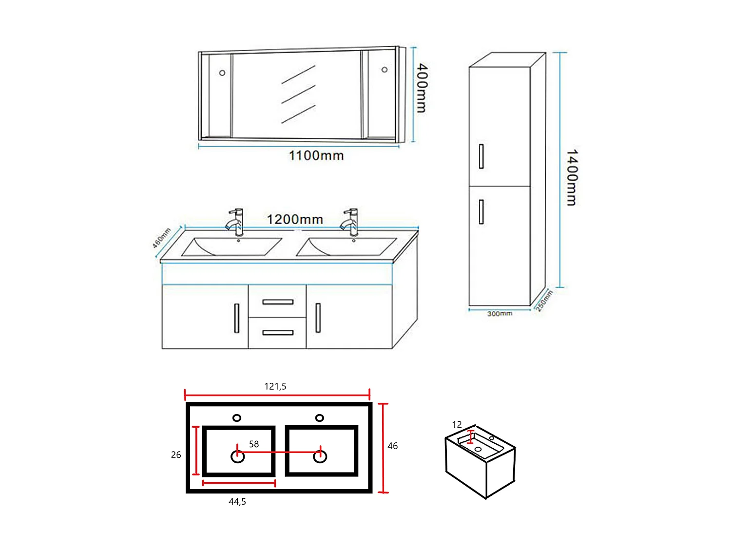 Meuble de Salle de Bain noir 120 cm Colonne et Lavabo inclus – Estelle