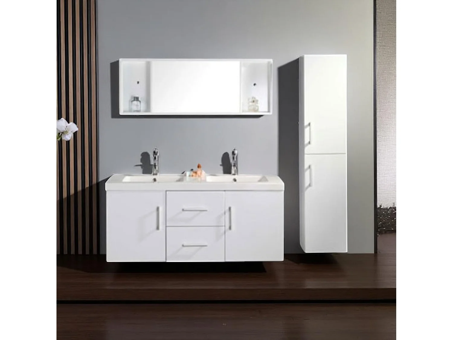 Meuble de Salle de Bain blanc 120 cm Colonne et Lavabo inclus – Emily