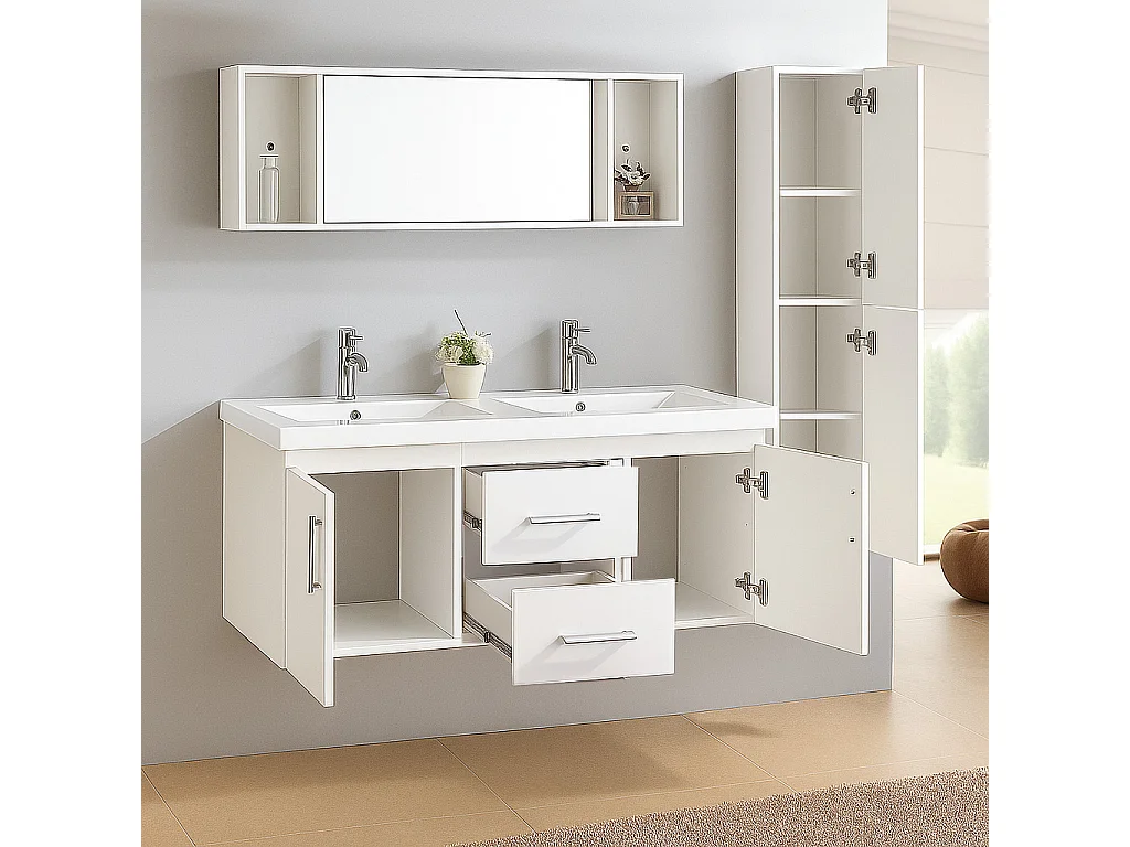 Meuble de Salle de Bain blanc 120 cm Colonne et Lavabo inclus – Emily