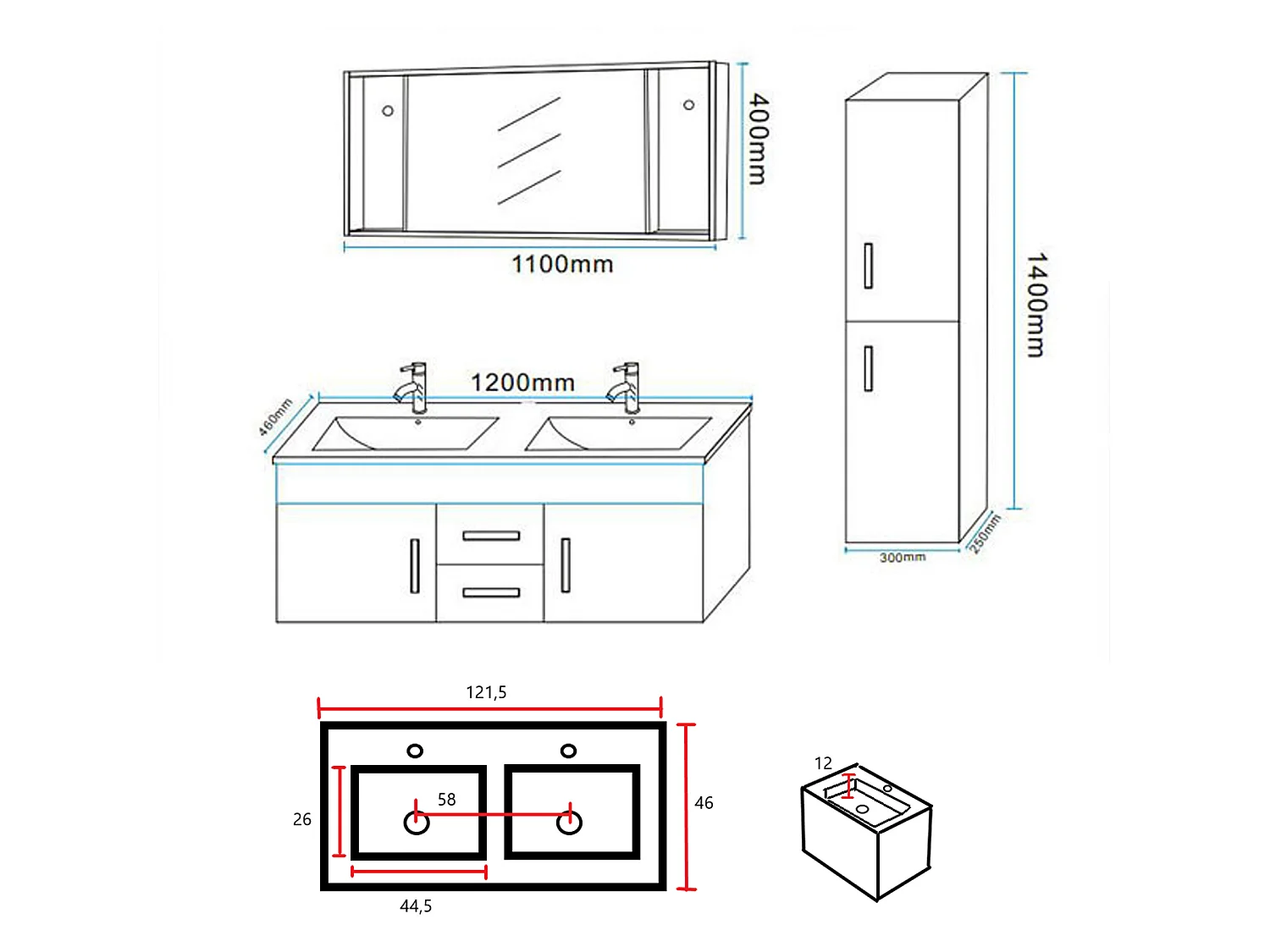 Meuble de Salle de Bain blanc 120 cm Colonne et Lavabo inclus – Emily