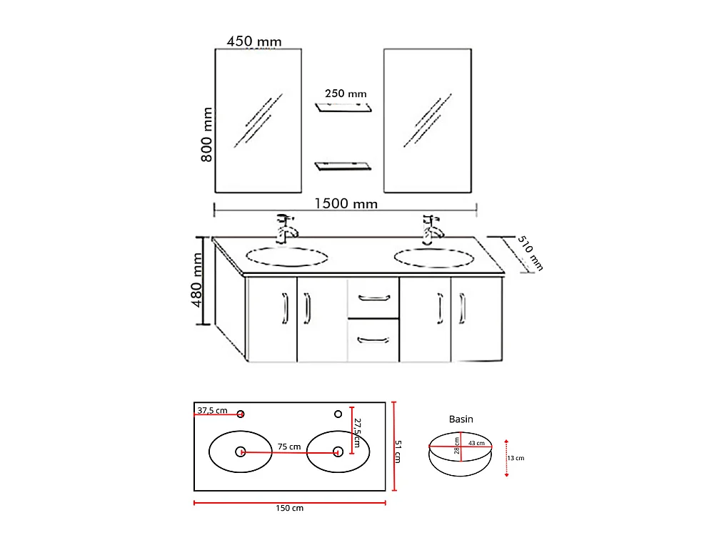 Meuble de Salle de Bain noir 151 cm Lavabo inclus – Ginger
