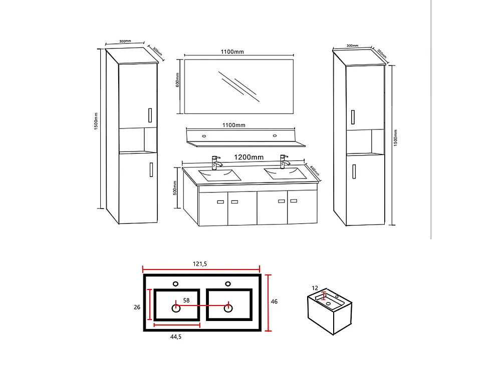 Meuble de Salle de Bain 120 cm Colonnes et Lavabos inclus – Bernice