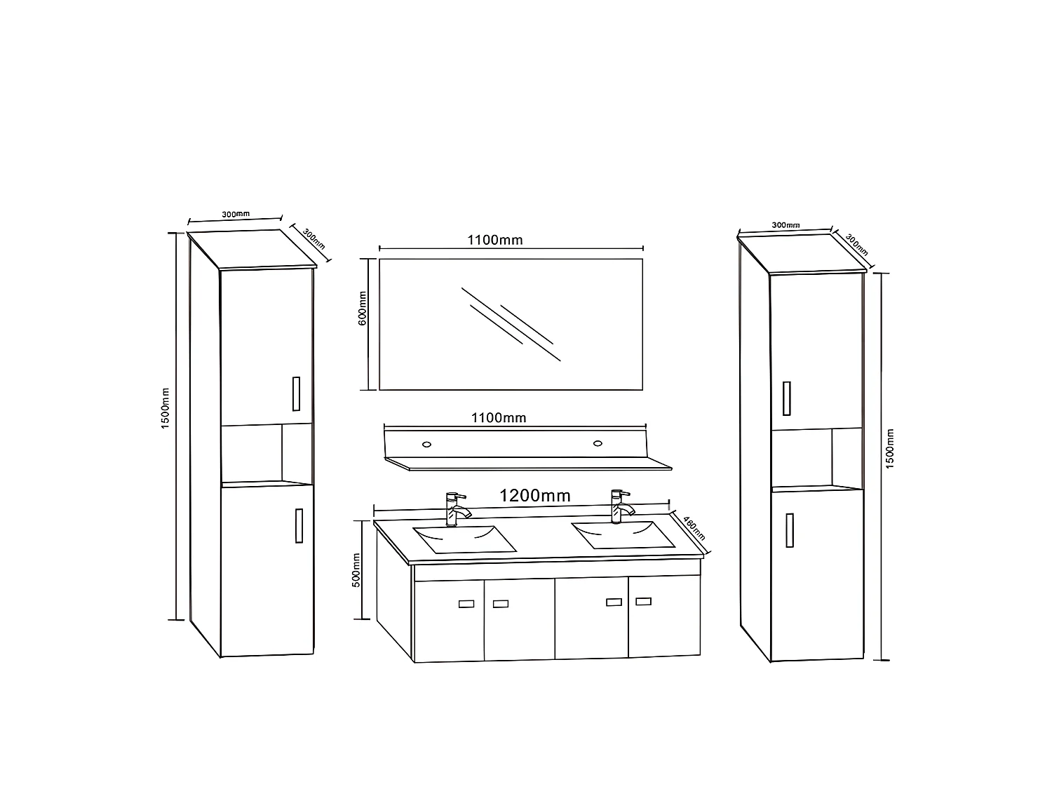 Badkamerkast 120 cm Inclusief zuilen en wastafels – Belle