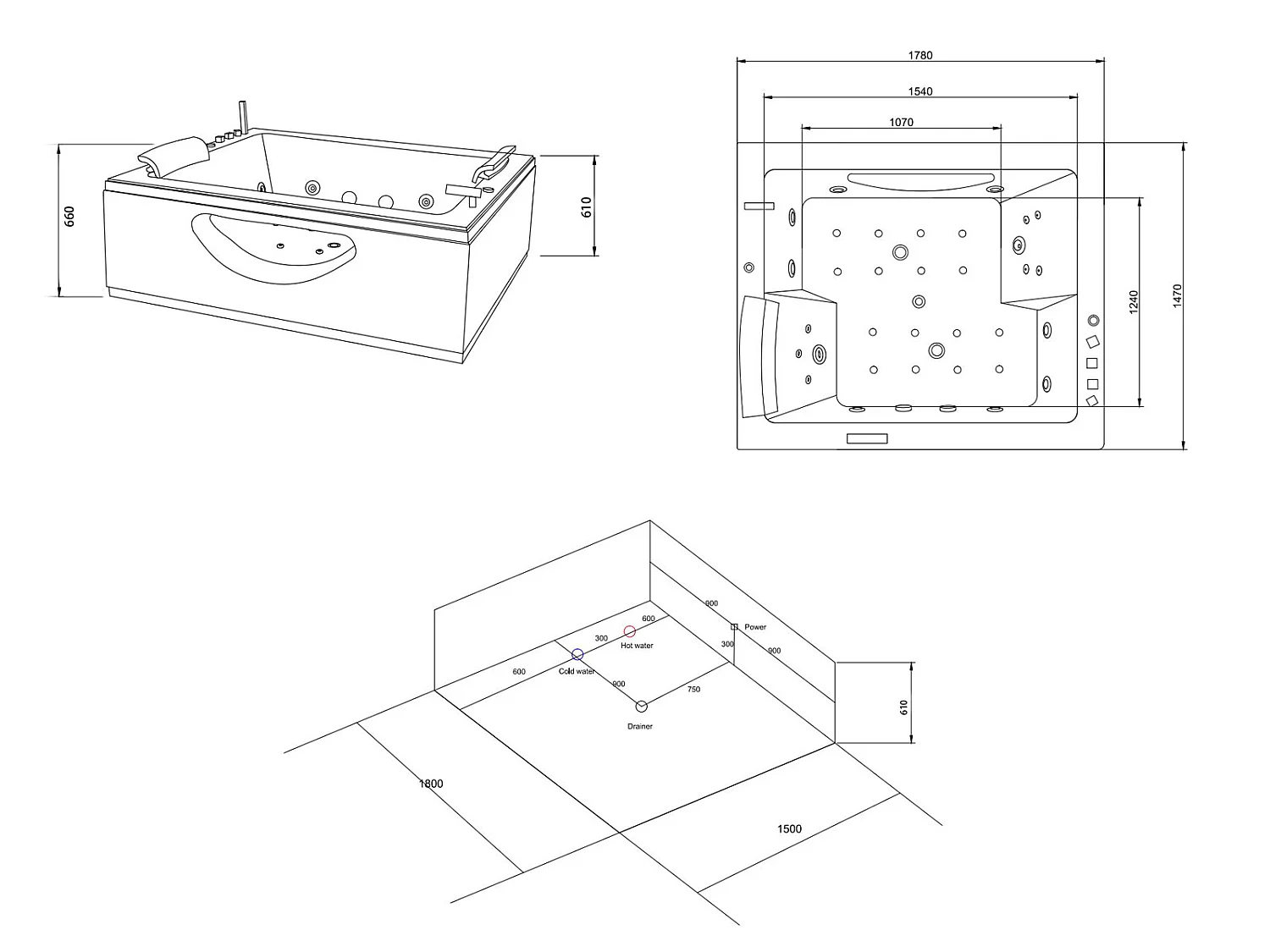 Baignoire hydromassage blanc double pompe 178 X 147 cm 33 jets – Petal