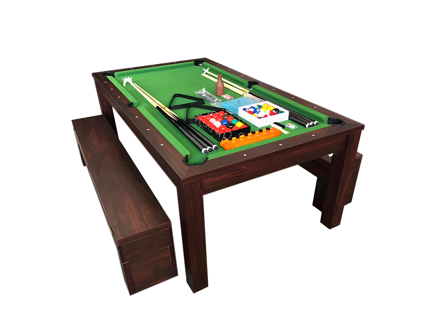 Mesa de billar verde convertible de 7 pies con bancos - Zefiro