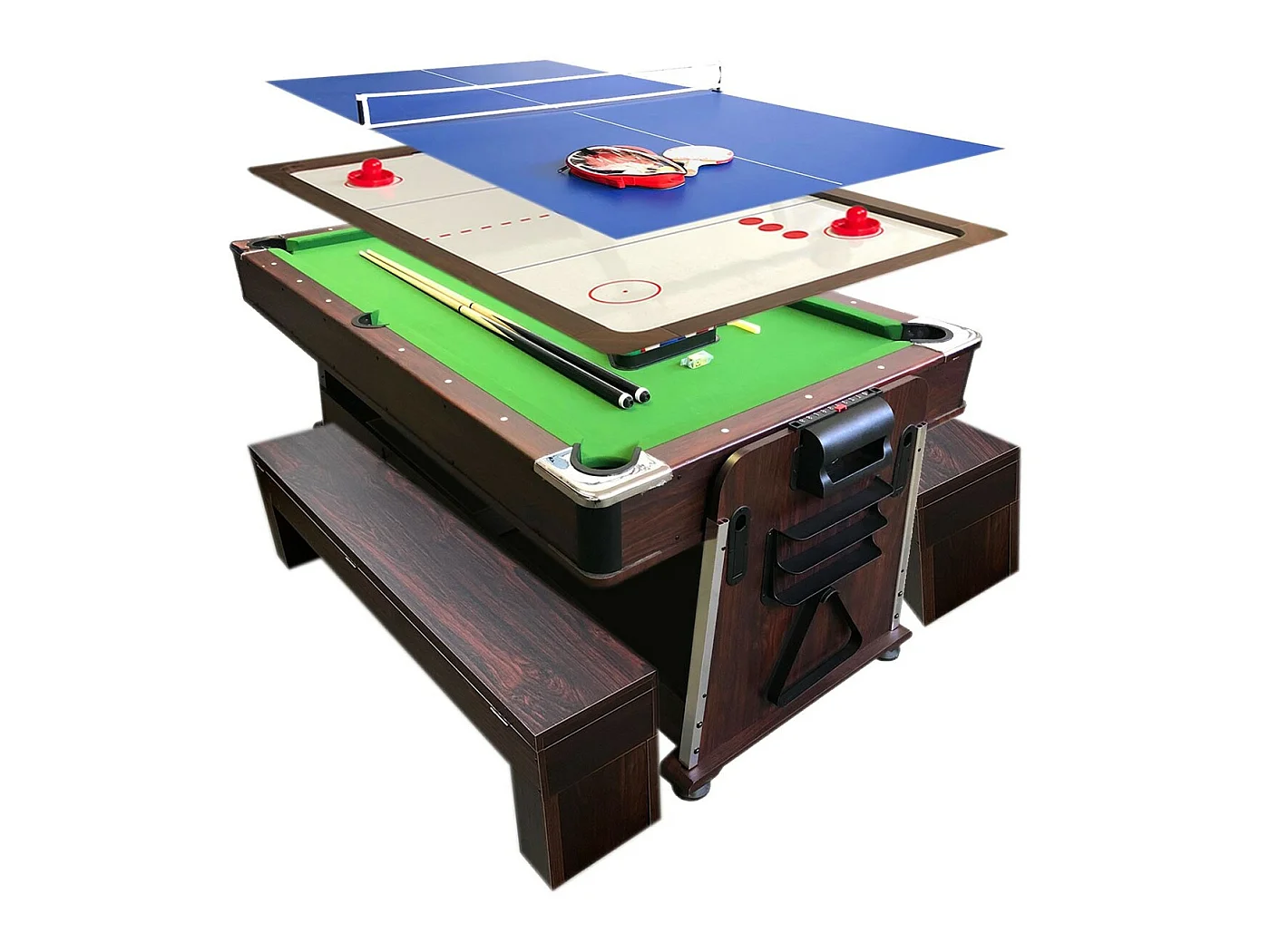 7-Fuß-Billardtisch Grün Multi-Game Airhockey + Tischtennis – Stark mit Bänken