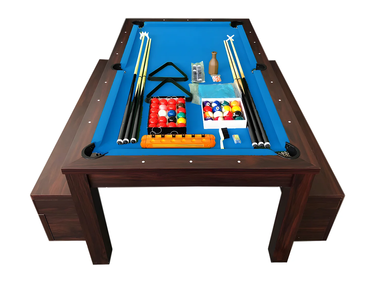 Biljarttafel 7 Voet blauw converteerbaar met banken – Theti