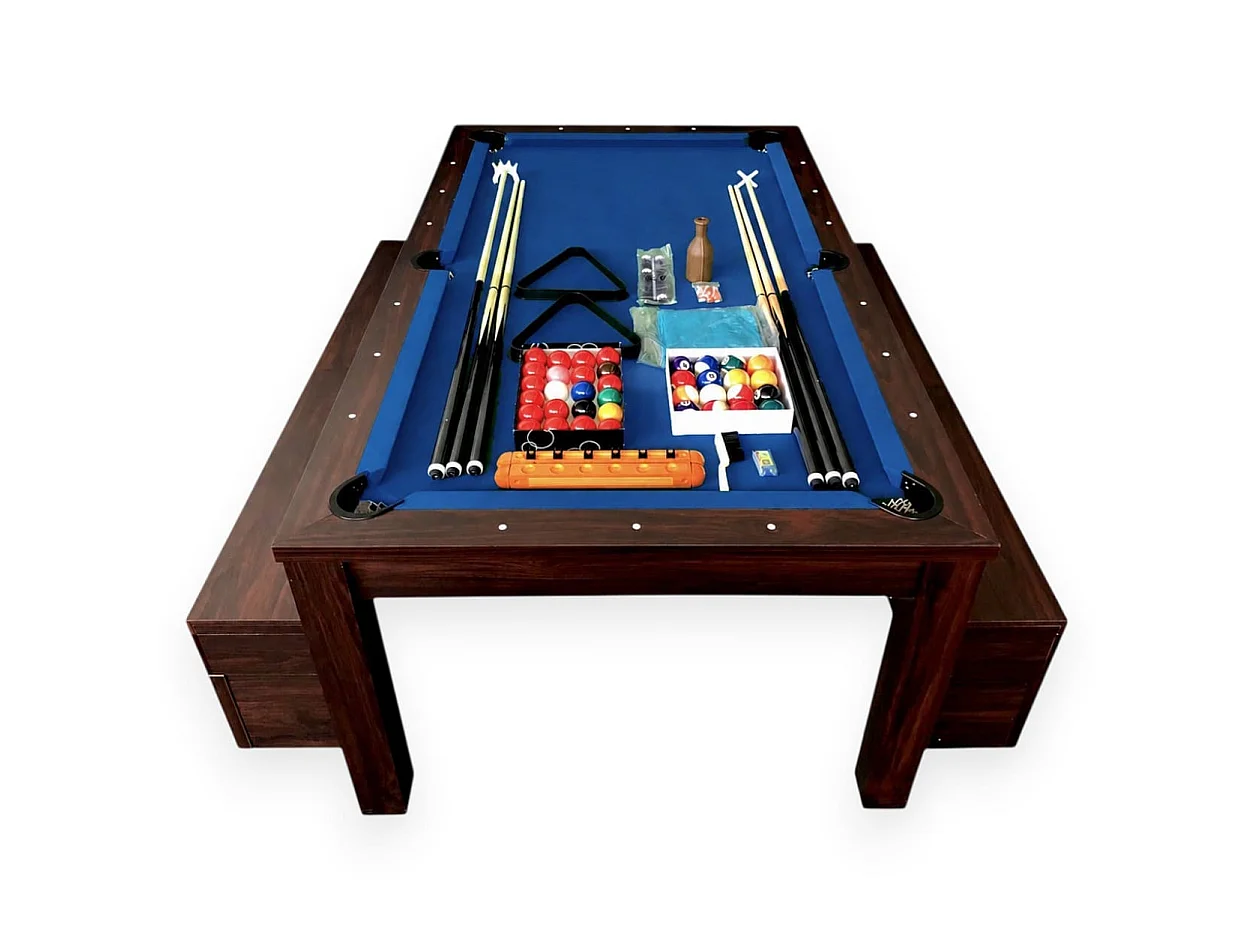 Convertible 7 ft Pool Table blue with Storage Benches – Theti
