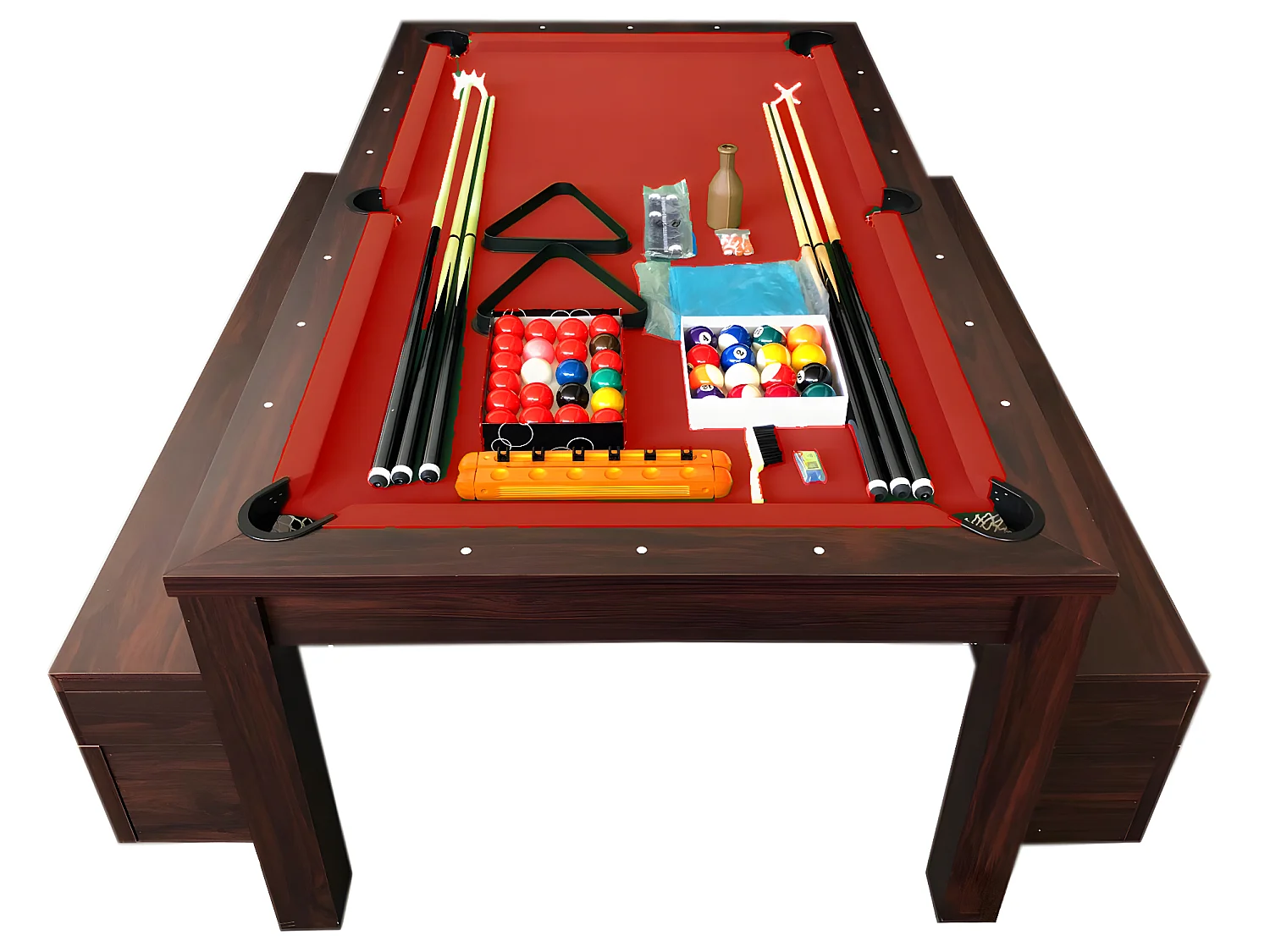 Table de Billard rouge 7 Pieds convertible avec banquettes – Etna