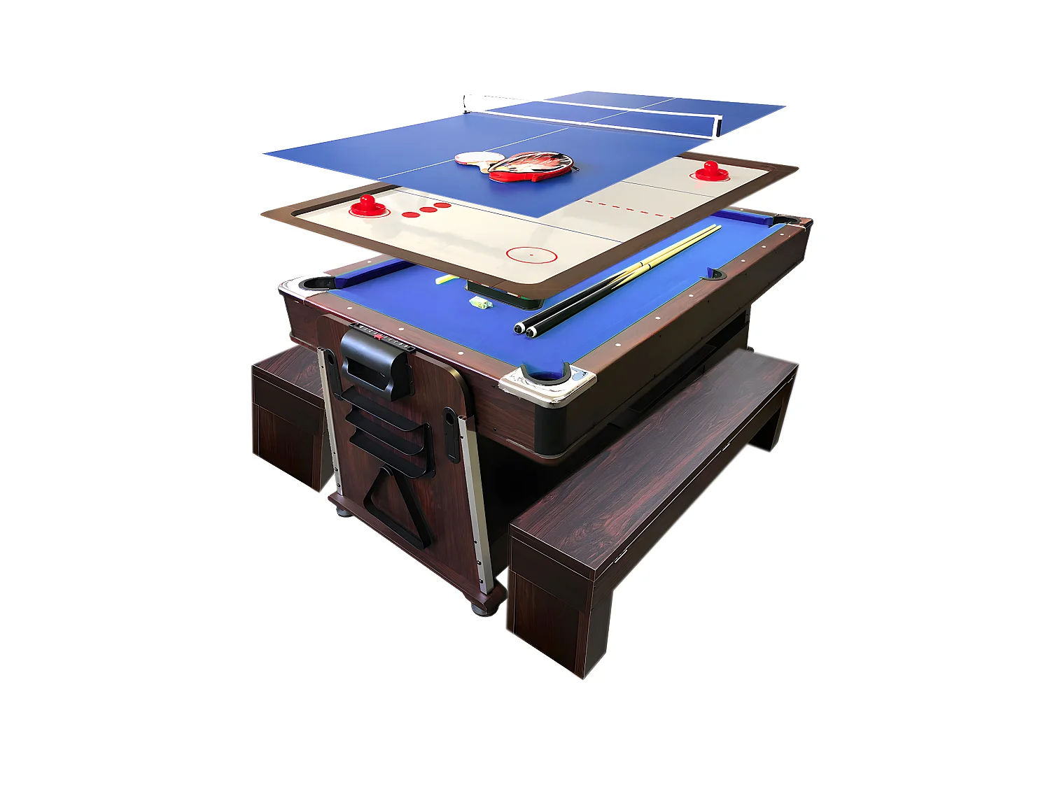 Biljarttafel 7 voet Multi-game blauw Air Hockey + Tennistafel – Stark met banken