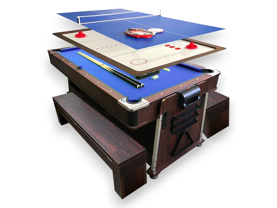 7 ft Blue Multi-Game Pool Table with Air Hockey, Table Tennis, Dining Top and Benches – Stark