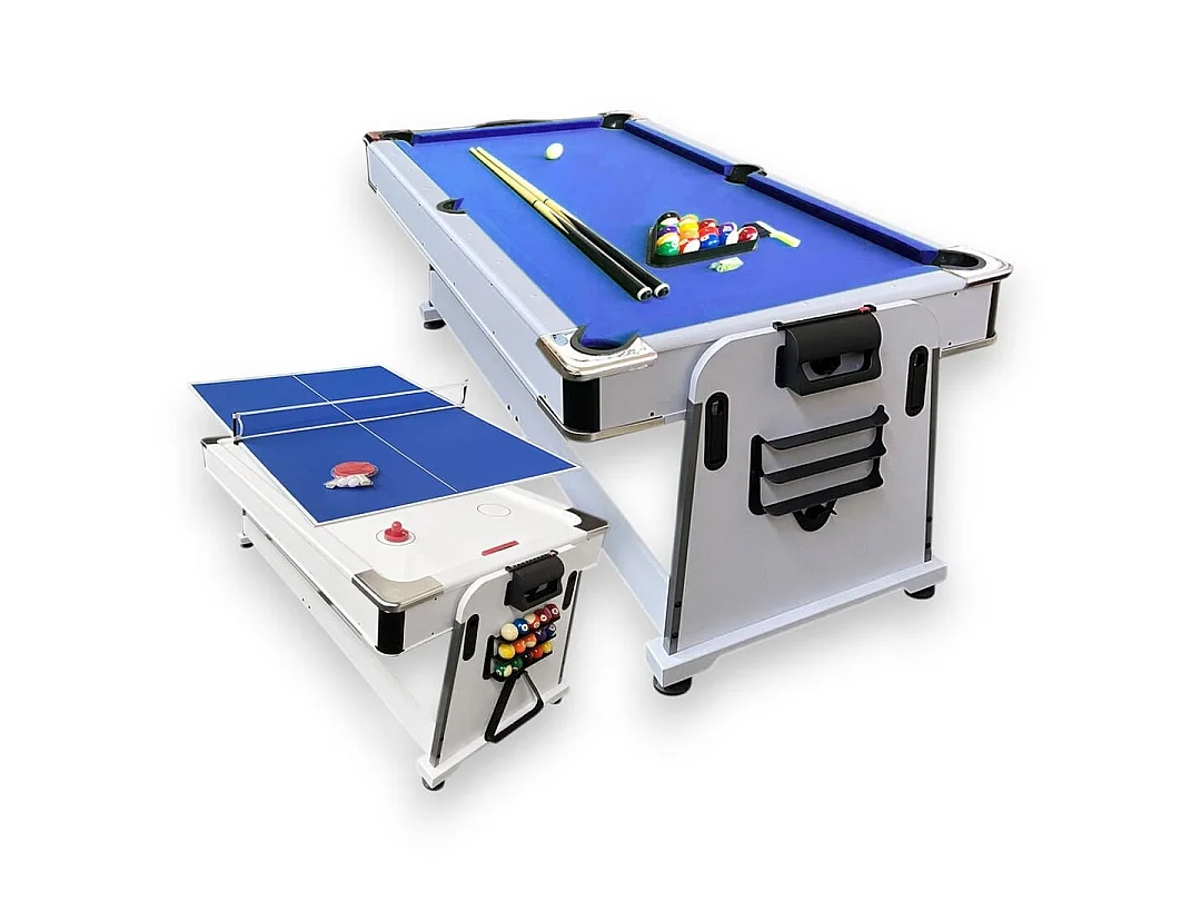 7 ft Blue Multi-Game Pool Table with Air Hockey, Table Tennis and Dining Top – Stark White