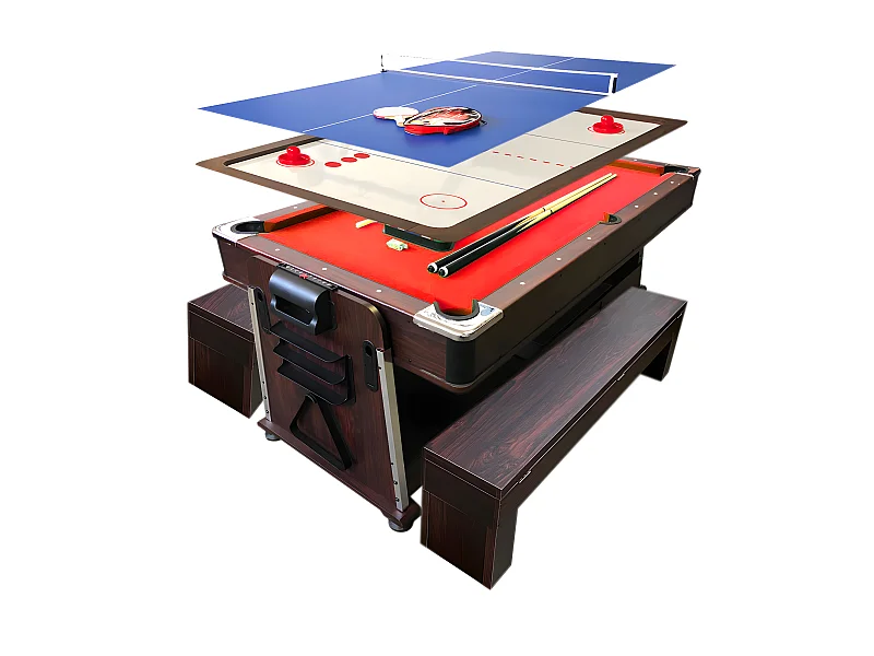 Table de Billard 7 pieds Multi-jeux rouge Air Hockey + Table de Tennis – Stark avec Bancs