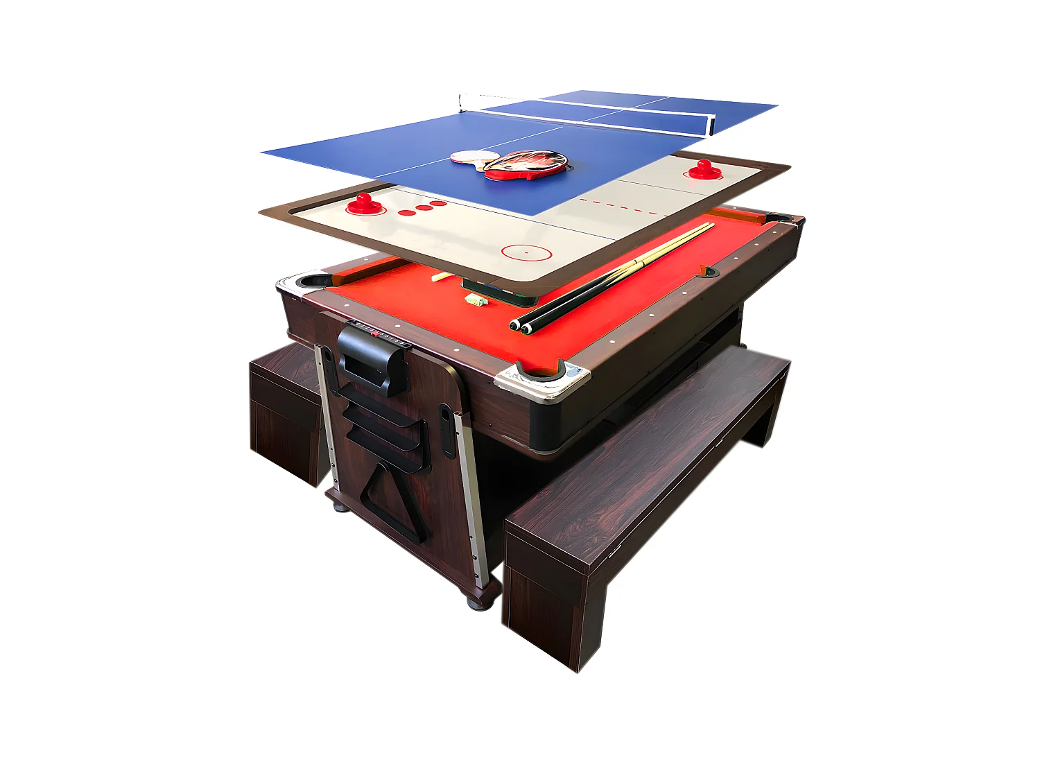 Table de Billard 7 pieds Multi-jeux rouge Air Hockey + Table de Tennis – Stark avec Bancs