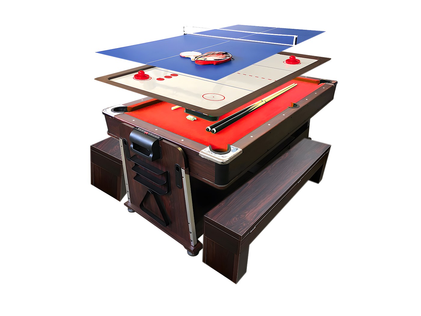 Table de Billard 7 pieds Multijeux rouge Air Hockey + Table de Tennis