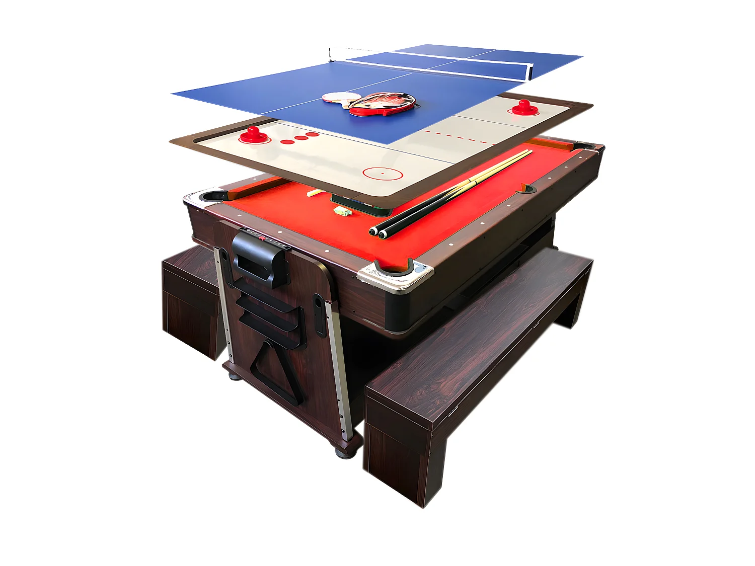 Table de Billard 7 pieds Multi-jeux rouge Air Hockey + Table de Tennis – Stark avec Bancs