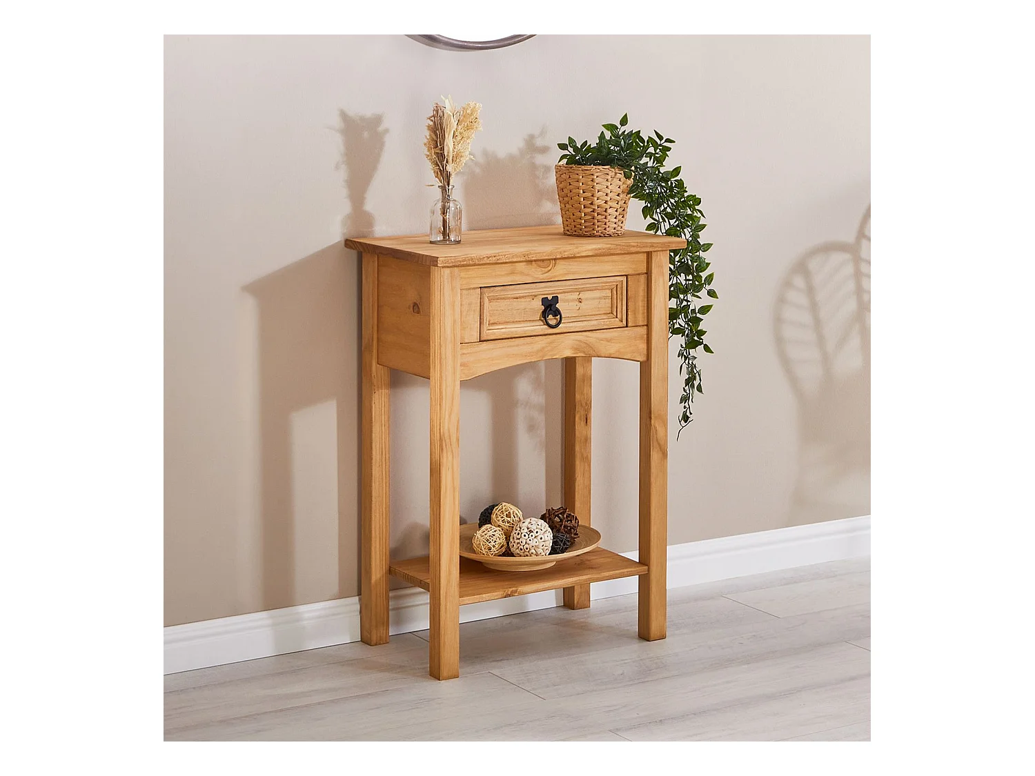 Table console SALSA table d'appoint en bois style mexicain avec 1 tiroir et 1 étagère, en pin massif finition teintée/cirée