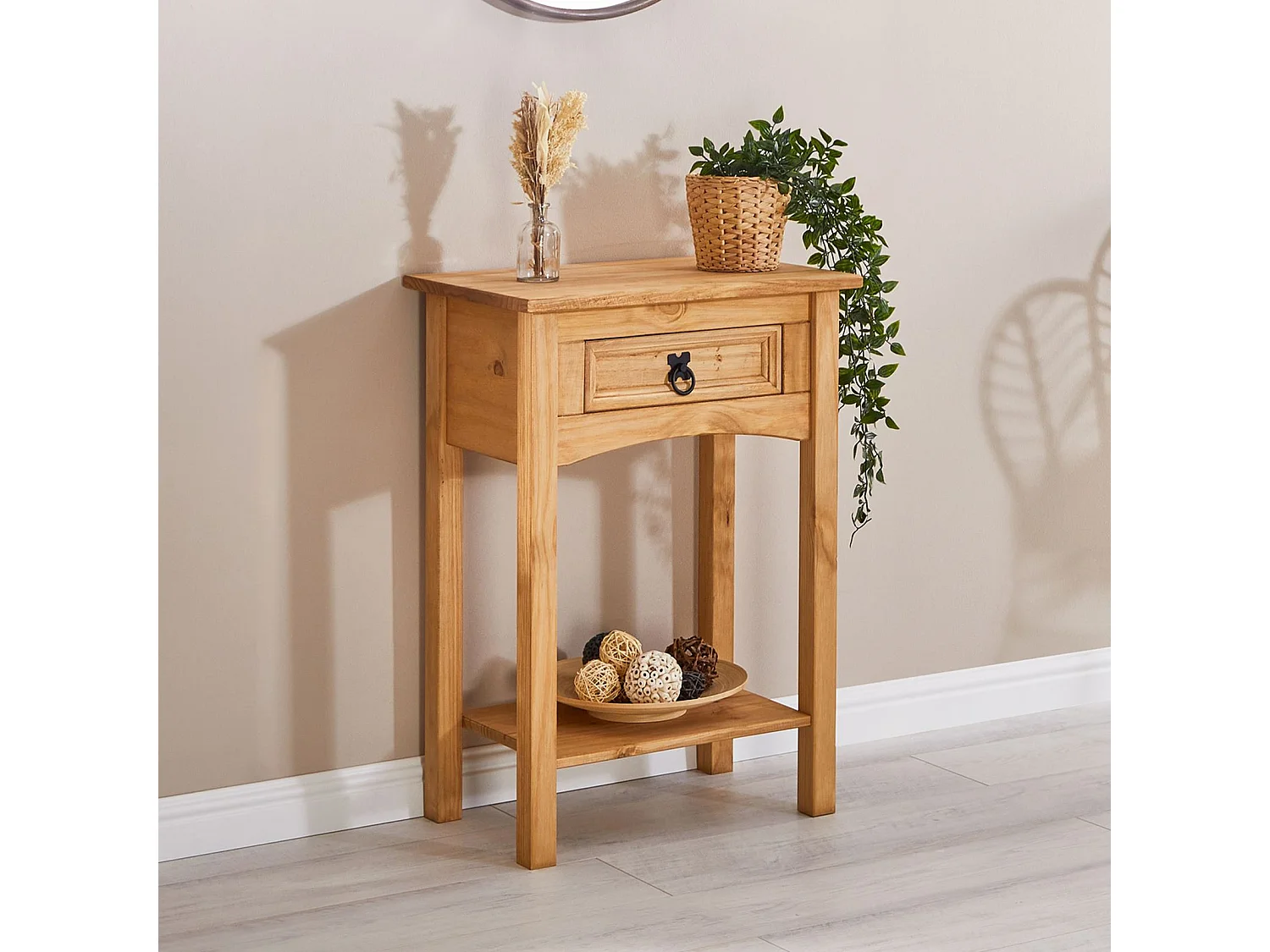 Table console SALSA table d'appoint en bois style mexicain avec 1 tiroir et 1 étagère, en pin massif finition teintée/cirée