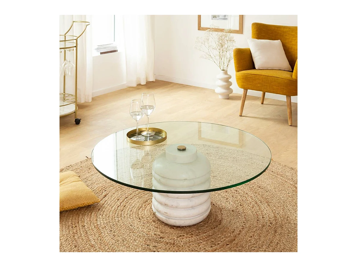 Table basse ronde en marbre et verre Lara