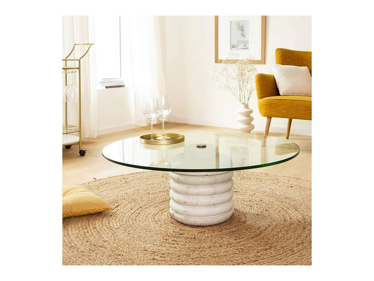 Table basse ronde en marbre et verre Lara
