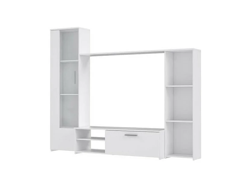 TV-meubel met melamine spaanplaat wand - mat wit - glazen deur + 1 klep + 5 nissen - 220 x 41 x 177,5 cm