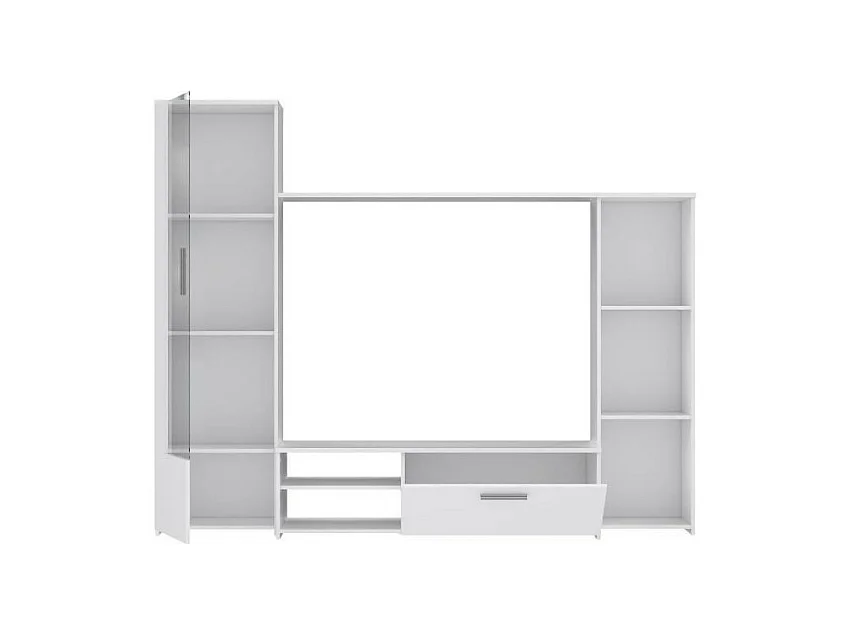 TV-meubel met melamine spaanplaat wand - mat wit - glazen deur + 1 klep + 5 nissen - 220 x 41 x 177,5 cm
