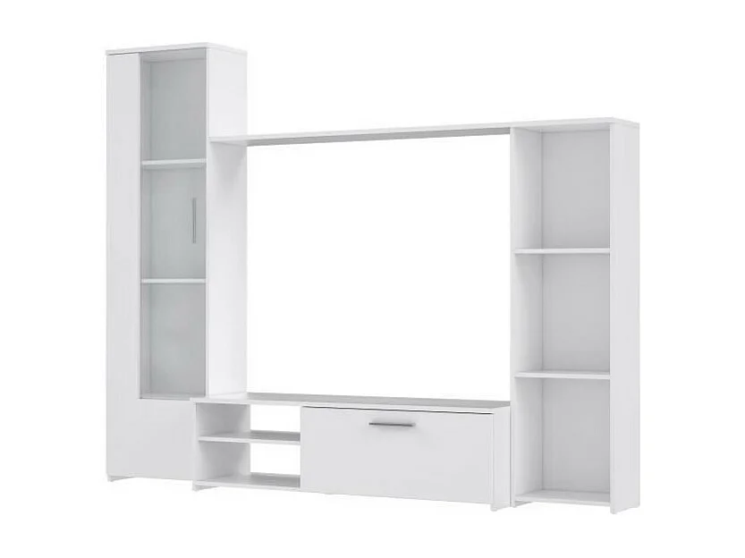 TV-meubel met melamine spaanplaat wand - mat wit - glazen deur + 1 klep + 5 nissen - 220 x 41 x 177,5 cm