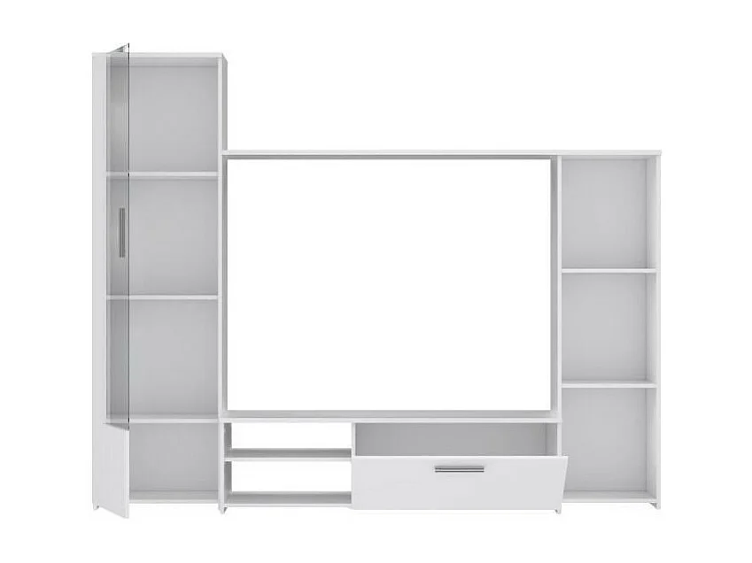 TV-meubel met melamine spaanplaat wand - mat wit - glazen deur + 1 klep + 5 nissen - 220 x 41 x 177,5 cm