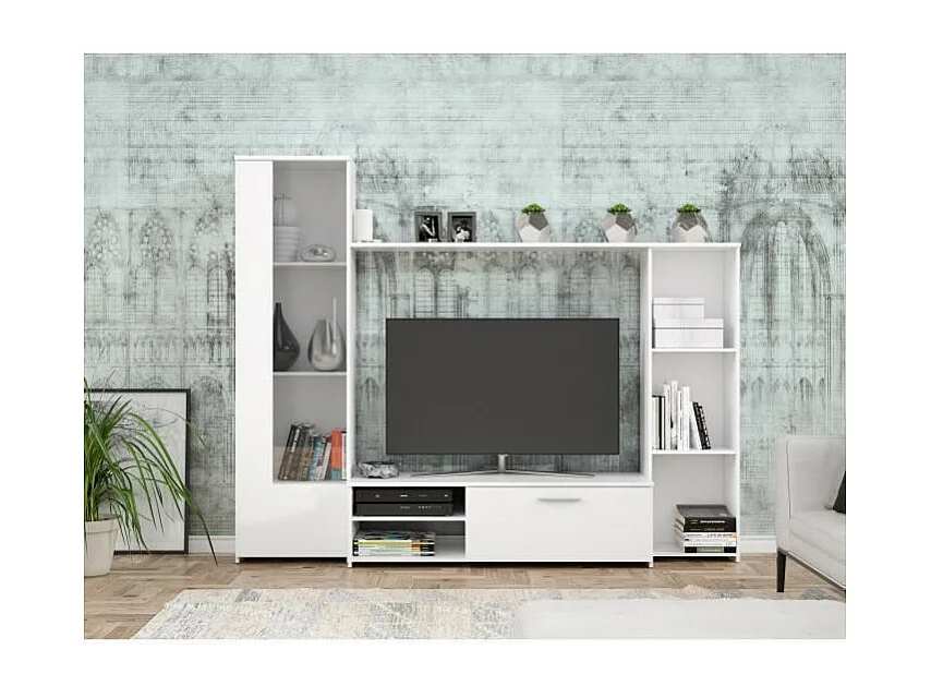 TV-meubel met melamine spaanplaat wand - mat wit - glazen deur + 1 klep + 5 nissen - 220 x 41 x 177,5 cm