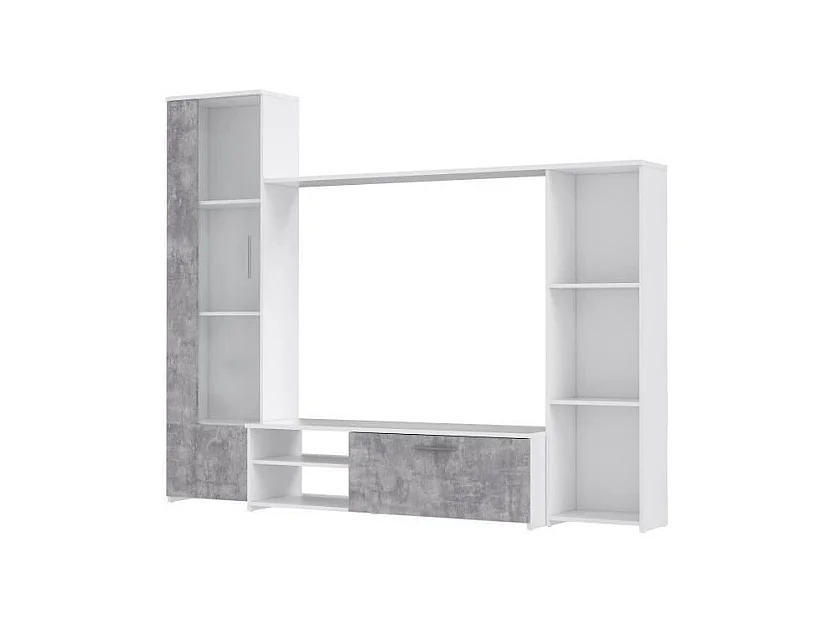 PILVI  Meuble TV - Blanc mat et beton gris clair - L 220,4 x P41,3 x H177,5 cm