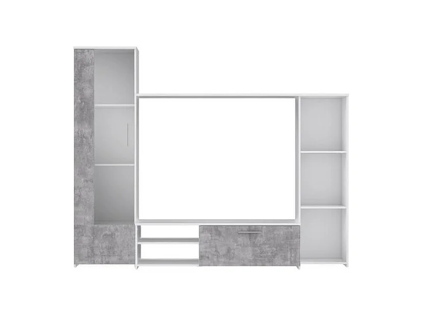 PILVI  Meuble TV - Blanc mat et beton gris clair - L 220,4 x P41,3 x H177,5 cm
