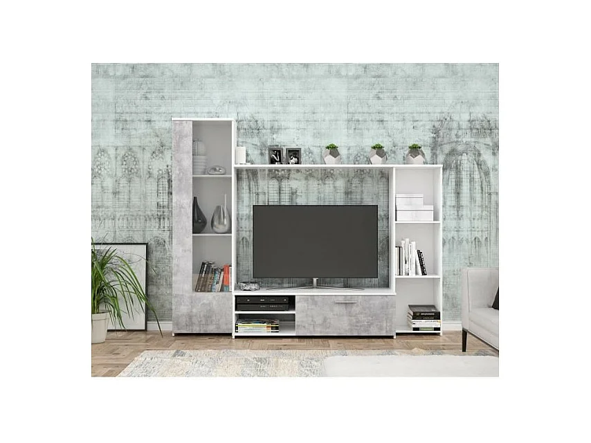 PILVI  Meuble TV - Blanc mat et beton gris clair - L 220,4 x P41,3 x H177,5 cm
