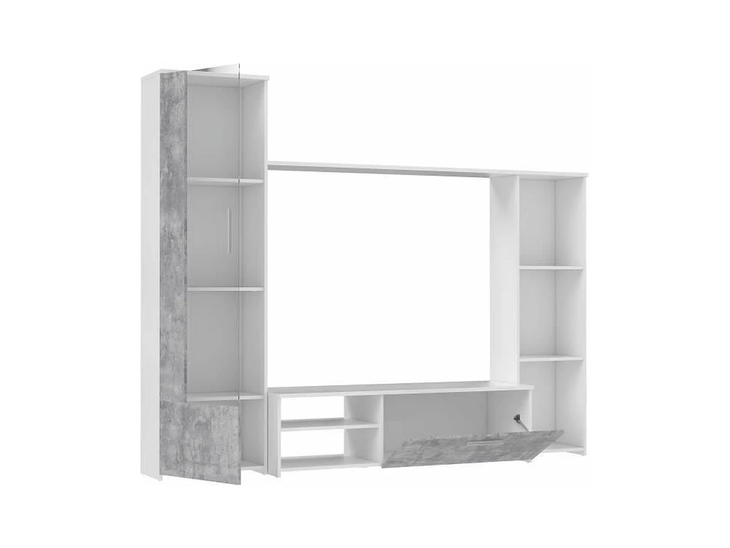 PILVI  Meuble TV - Blanc mat et beton gris clair - L 220,4 x P41,3 x H177,5 cm