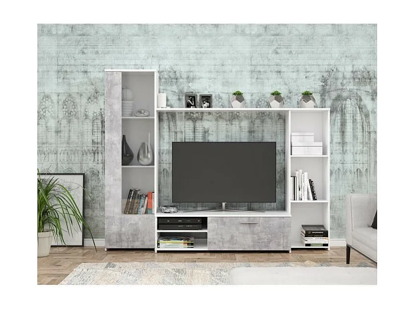 PILVI  Meuble TV - Blanc mat et beton gris clair - L 220,4 x P41,3 x H177,5 cm