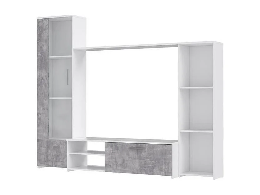 PILVI  Meuble TV - Blanc mat et beton gris clair - L 220,4 x P41,3 x H177,5 cm