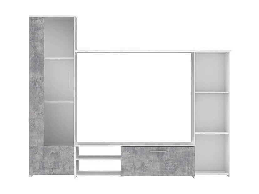 PILVI  Meuble TV - Blanc mat et beton gris clair - L 220,4 x P41,3 x H177,5 cm