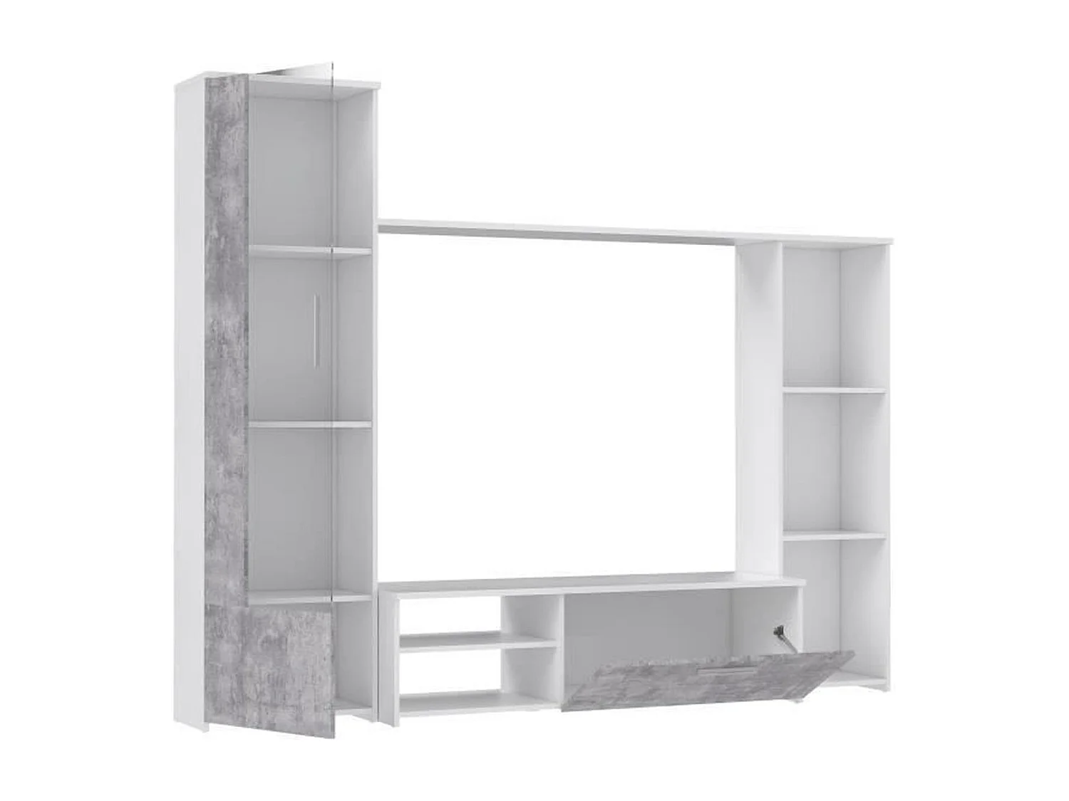 PILVI  Meuble TV - Blanc mat et beton gris clair - L 220,4 x P41,3 x H177,5 cm