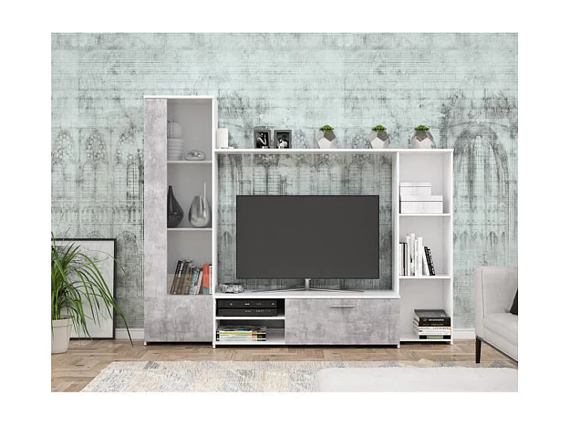 PILVI  Meuble TV - Blanc mat et beton gris clair - L 220,4 x P41,3 x H177,5 cm