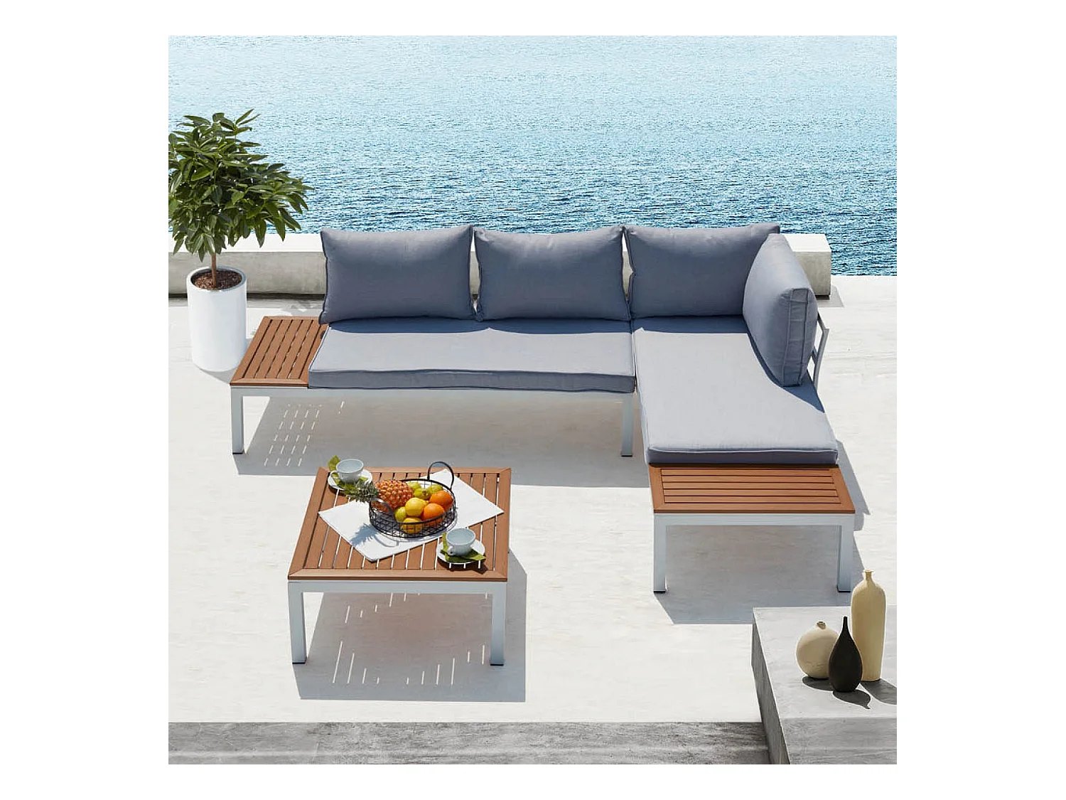 Loungeset van aluminium en wit & grijs staal LOLEA - Elegant design, afneembare kussens, 4 zitplaatsen, vierkante tafel