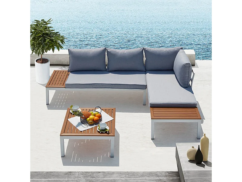 Gartenmöbel-Set LOLEA aus Aluminium und Stahl in Weiß & Grau - Elegantes Design, abnehmbare Kissen, 4 Plätze, quadratischer Tisch