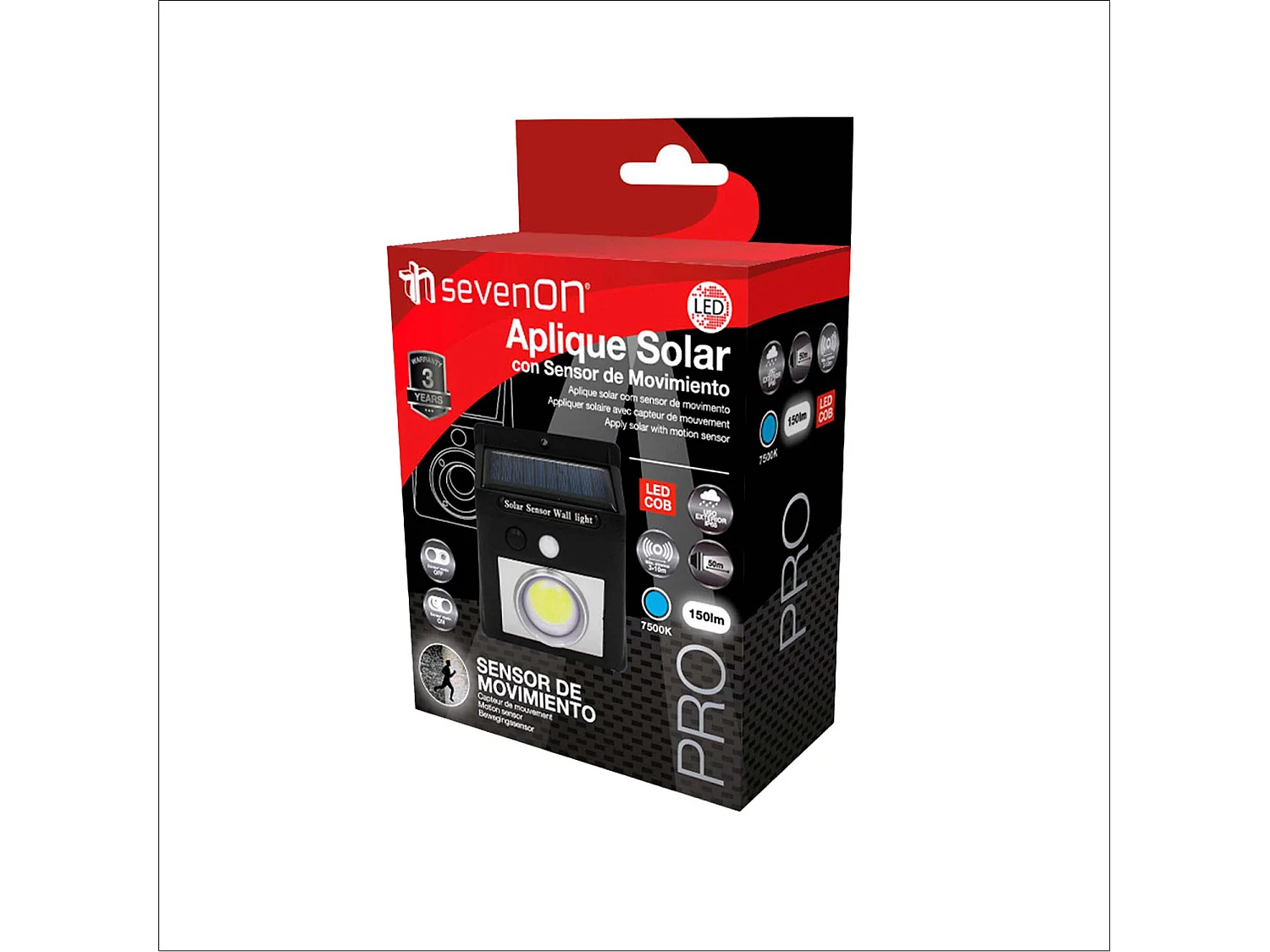 Aplique de Pared Solar LED con Sensor Crepuscular y Movimiento Negro 7500K 20000H 7hSevenOn